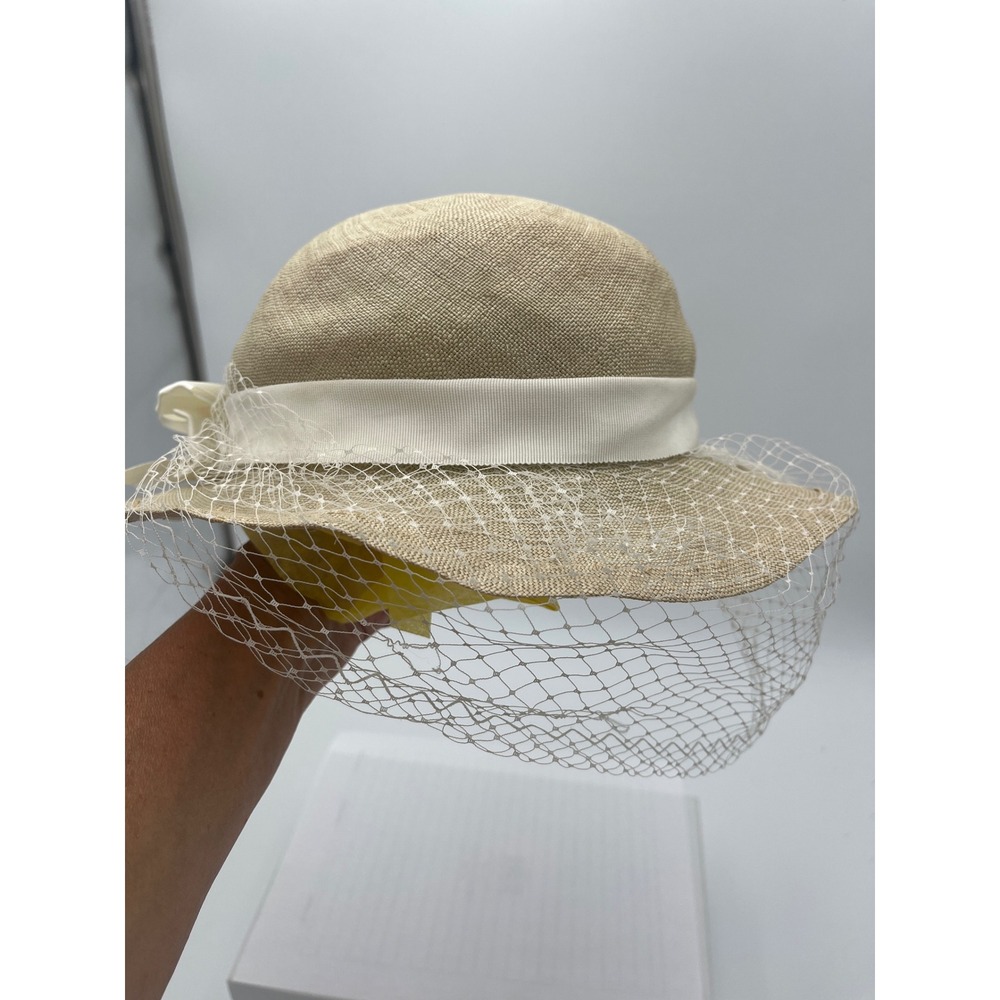 Liz Claiborne Vintage Straw Cloche Hat Tan Beige Birdcage Veil Bow Wedding Derby